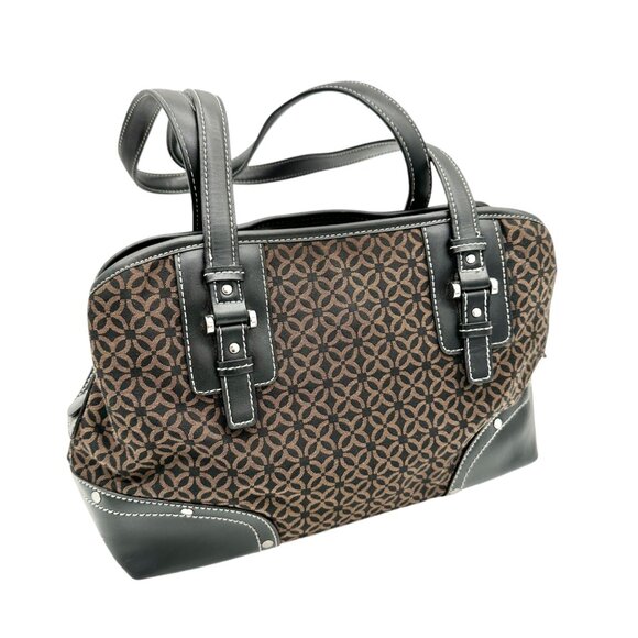 Relic Brown Geometric Pattern Handbag Black Faux Leather Trim Double Handles - Picture 1 of 12